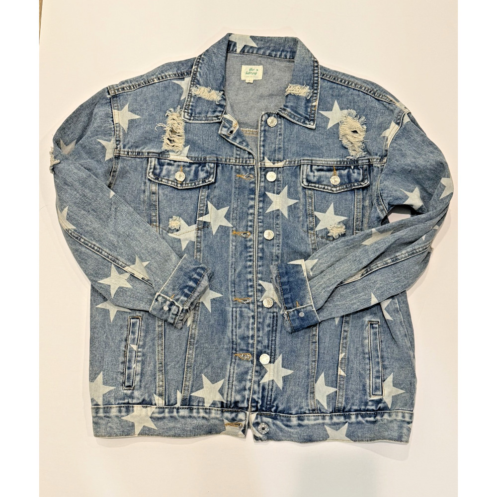 Blue Buttercup Star Print Distressed Denim Jacket Women’s Small USA